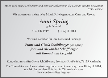 Traueranzeige von Anni Spring 