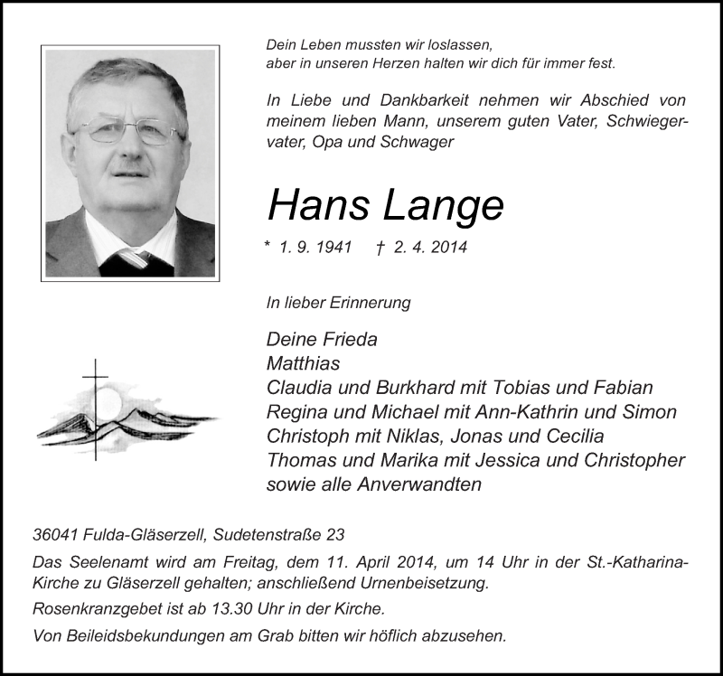  Traueranzeige für Hans Lange vom 08.04.2014 aus 