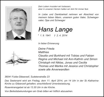 Traueranzeige von Hans Lange 