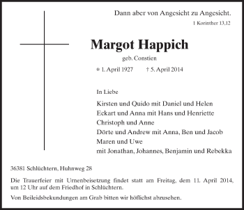 Traueranzeige von Margot Happich 