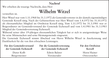 Traueranzeige von Wilhelm Witzel 