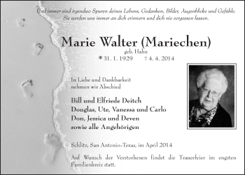 Traueranzeige von Marie Walter 