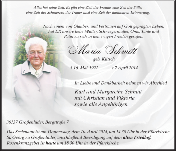 Traueranzeige von Maria Schmitt 