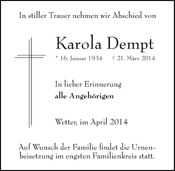 Traueranzeige von Karola Dempt 