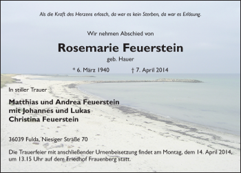 Traueranzeige von Rosemarie Feuerstein 