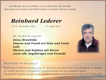 Traueranzeige von Reinhard Lederer 