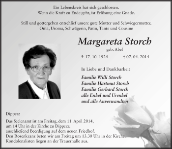 Traueranzeige von Magaretha Storch 