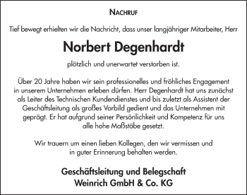 Traueranzeige von Norbert Degenhardt 
