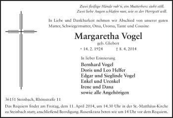 Traueranzeige von Margaretha Vogel 