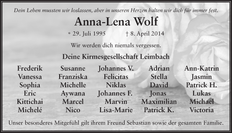  Traueranzeige für Anna-Lena Wolf vom 11.04.2014 aus 