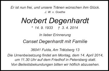 Traueranzeige von Norbert Degenhardt 