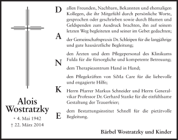 Traueranzeige von Alois Wostratzky 