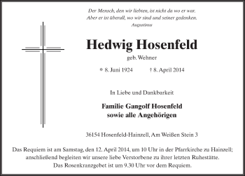 Traueranzeige von Hedwig Hosenfeld 