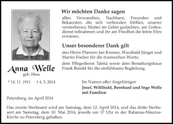 Traueranzeige von Anna Welle 