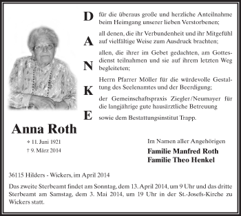 Traueranzeige von Anna Roth 
