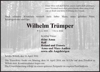 Traueranzeige von Wilhelm Trümper 