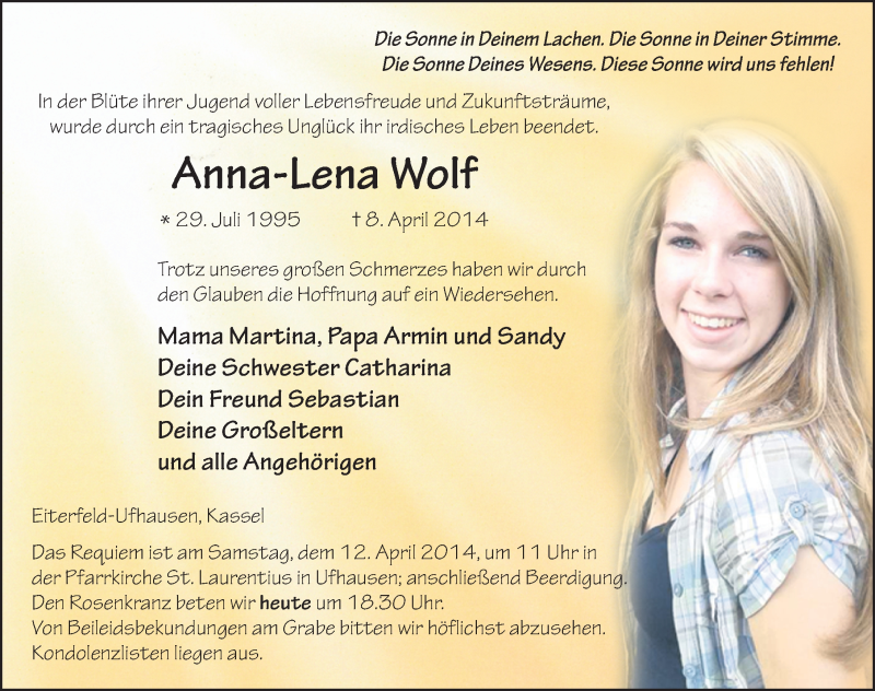  Traueranzeige für Anna-Lena Wolf vom 11.04.2014 aus 