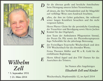 Traueranzeige von Wilhelm Zell 
