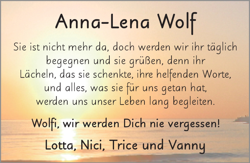  Traueranzeige für Anna-Lena Wolf vom 11.04.2014 aus 