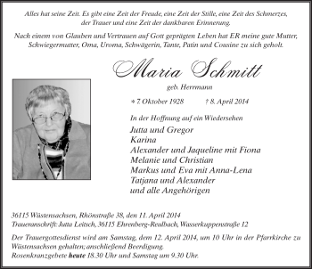 Traueranzeige von Maria Schmitt 