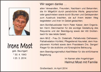 Traueranzeige von Irene Most 