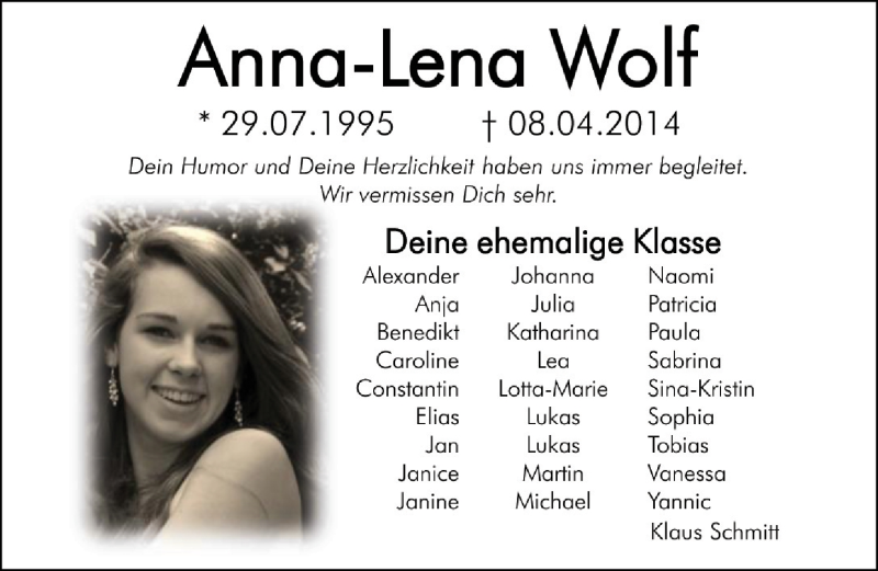  Traueranzeige für Anna-Lena Wolf vom 11.04.2014 aus 