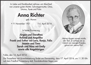 Traueranzeige von Anna Richter 