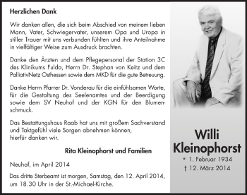 Traueranzeige von Willi Kleinophorst 