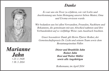 Traueranzeige von Marianne Jahn 