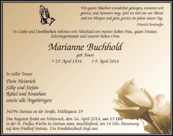 Traueranzeige von Marianne Buchhold 