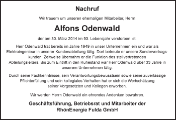 Traueranzeige von Alfons Odenwald 