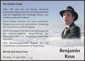 Traueranzeige von Benjamin Reus 