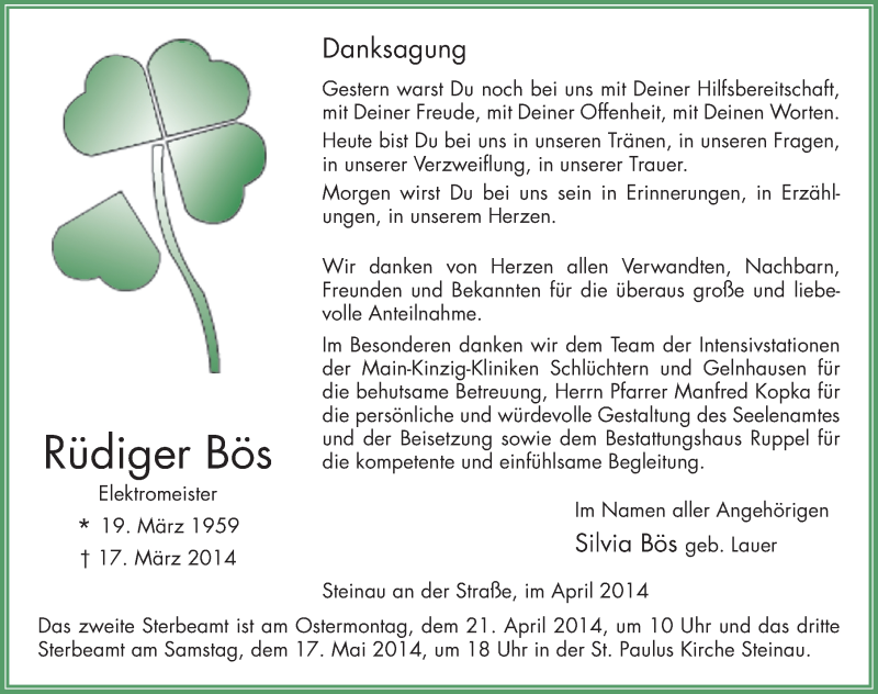  Traueranzeige für Rüdiger Bös vom 19.04.2014 aus 