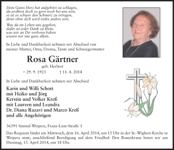 Traueranzeige von Rosa Gärtner 