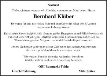 Traueranzeige von Bernhard Klüber 