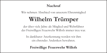Traueranzeige von Wilhelm Trümper 