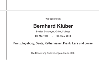 Traueranzeige von Bernhard Klüber 