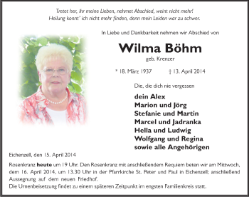 Traueranzeige von Wilma Böhm 