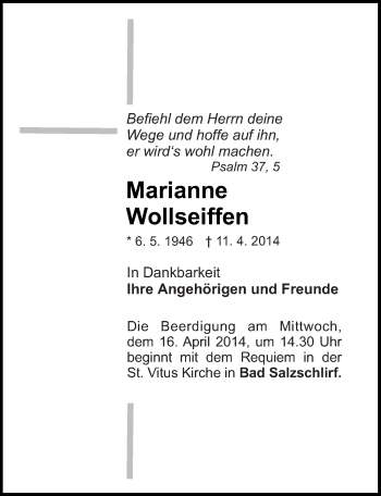 Traueranzeige von Marianne Wollseiffen 