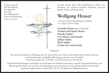 Traueranzeige von Wolfgang Heuser 