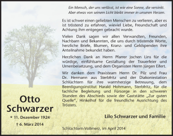 Traueranzeige von Otto Schwarzer 