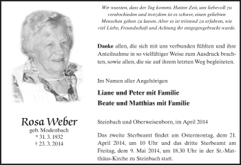 Traueranzeige von Rosa Weber 