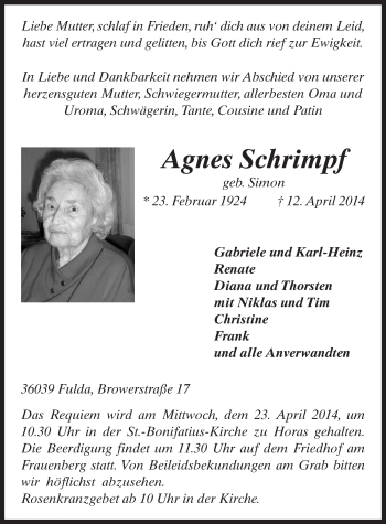 Traueranzeige von Agnes Schrimpf 