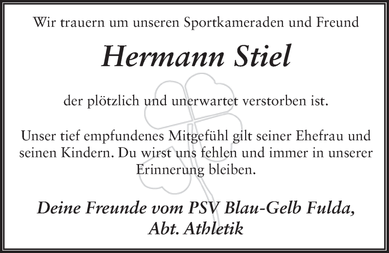 Traueranzeige für Hermann Stiel vom 19.04.2014 aus 