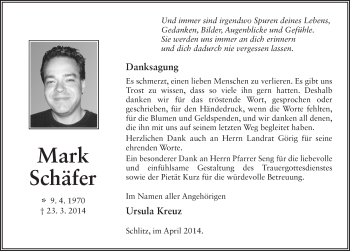Traueranzeige von Mark Schäfer 