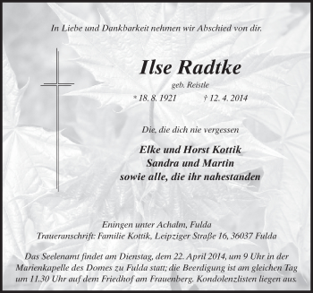 Traueranzeige von Ilse Radtke 