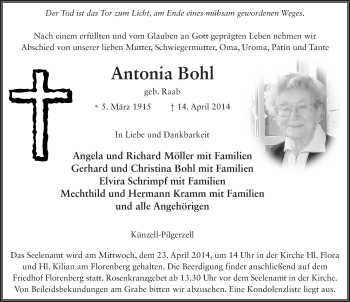 Traueranzeige von Antonia Bohl 