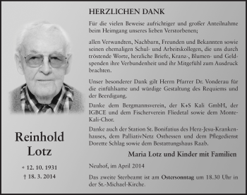 Traueranzeige von Reinhold Lotz 