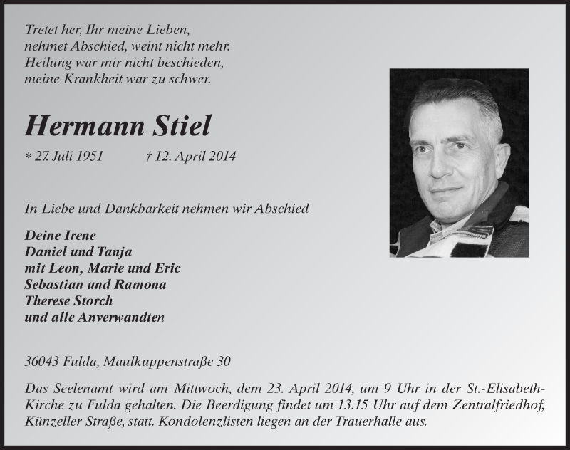  Traueranzeige für Hermann Stiel vom 19.04.2014 aus 