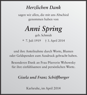 Traueranzeige von Anni Spring 